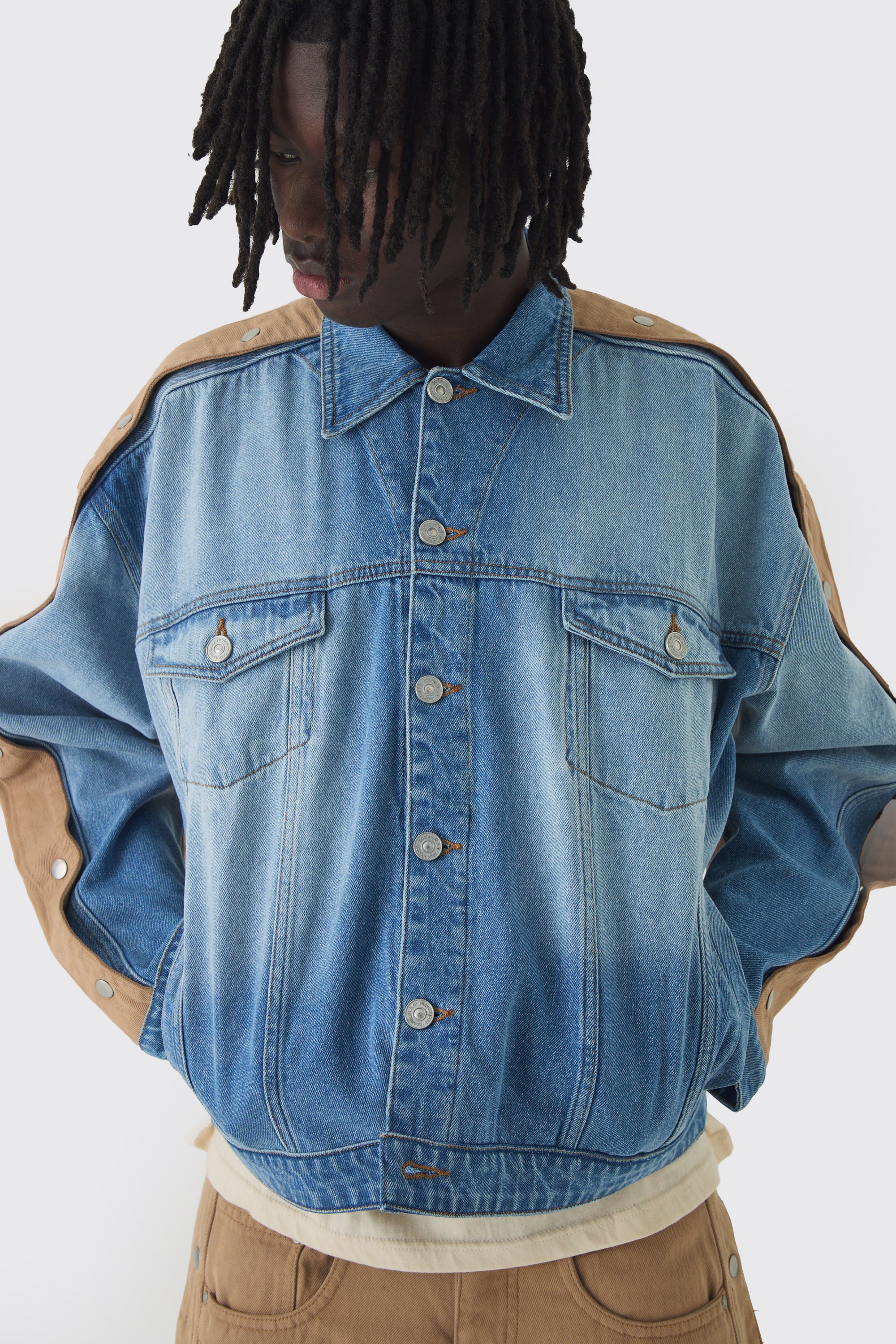 Boohooman Oversized Boxy Buttton Detail Denim Jacket Stone Blue