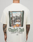 Ecru Oversized Extended Neck Chalet Mountain Alps Landscape T-Shirt