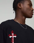 Black Oversized Cross Embroidered Puff Print T-Shirt