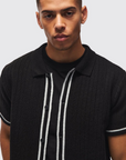 Boohooman Regular Fit Contrast Stripe Knitted Zip Up Polo Shirt Black