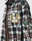 Boohooman Oversized Boxy Badge Applique Distressed Overdye Check Shirt Brown/ Cream