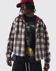 Boohooman Oversized Padded Hooded Check Overshirt Red/ Cream