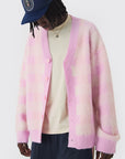 Boohooman Oversized Boxy Checked Brushed Knitted Cardigan Pink