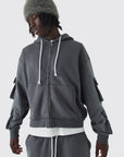 Boohooman Oversized Boxy Utility Zip Through Brushback Hoodie Charcoal