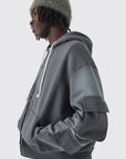 Boohooman Oversized Boxy Utility Zip Through Brushback Hoodie Charcoal