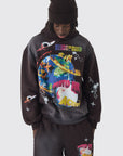 Boohooman Oversized Distressed Space Graphic Hoodie Chocolate