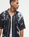 Boohooman Boxy Printed Satin Revere Short Sleeve Shirt Black