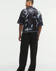 Boohooman Boxy Printed Satin Revere Short Sleeve Shirt Black