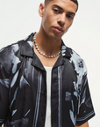 Boohooman Boxy Printed Satin Revere Short Sleeve Shirt Black