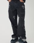 Relaxed Fit Rhinestone Cross Ripped Washed Jeans