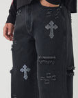 Relaxed Fit Rhinestone Cross Ripped Washed Jeans