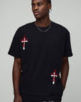Black Oversized Cross Embroidered Puff Print T-Shirt